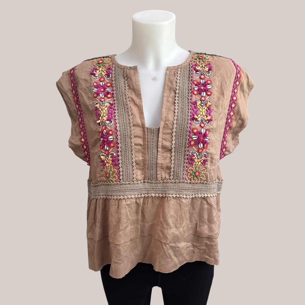 Anthropologie Blank London Sedona Embroidered Embellished Top Brown sz M